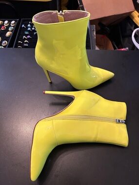 Yellow Patent Pointed-Toe Stiletto Ankle Boots - Women
